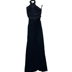 Vintage Kitty Maxi high Neck Halter Beaded black maxi gown whimsy goth Sz Small